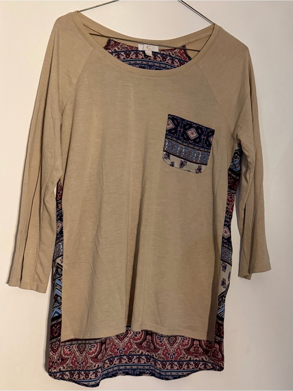 Charming Charlies - Beige Long Sleeve Top with Navy & Maroon Paisley Trim